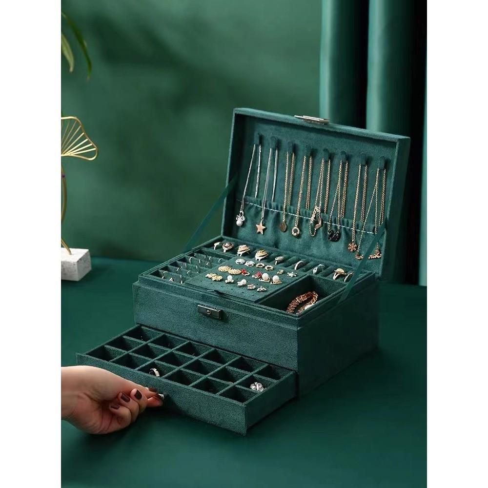 High-end Three-layer Green Jewelry Box With Lock Velvet Earrings Necklaces Bracelets Storage Box Large Capacity