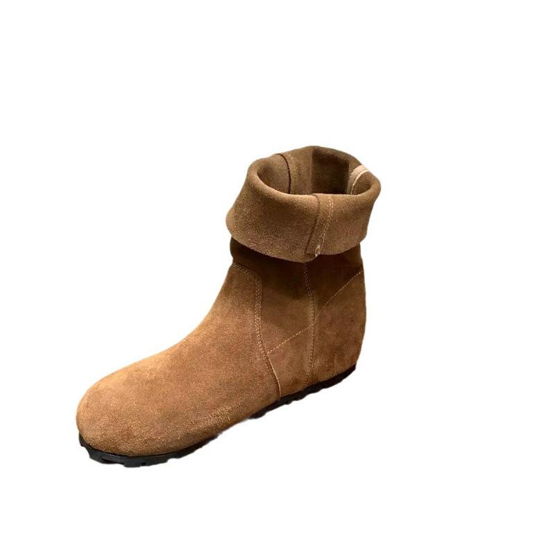 Autumn and winter round head flat bottom thin short boots women's retro literary and artistic fur versatile temperament comfortable Martin boots