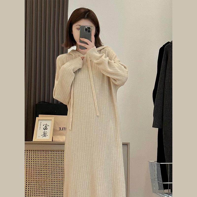 Hooded Medium and Long Autumn and Winter Knitted Dress, New Lazy Style Loose and Thin Women's Sweater Skirt