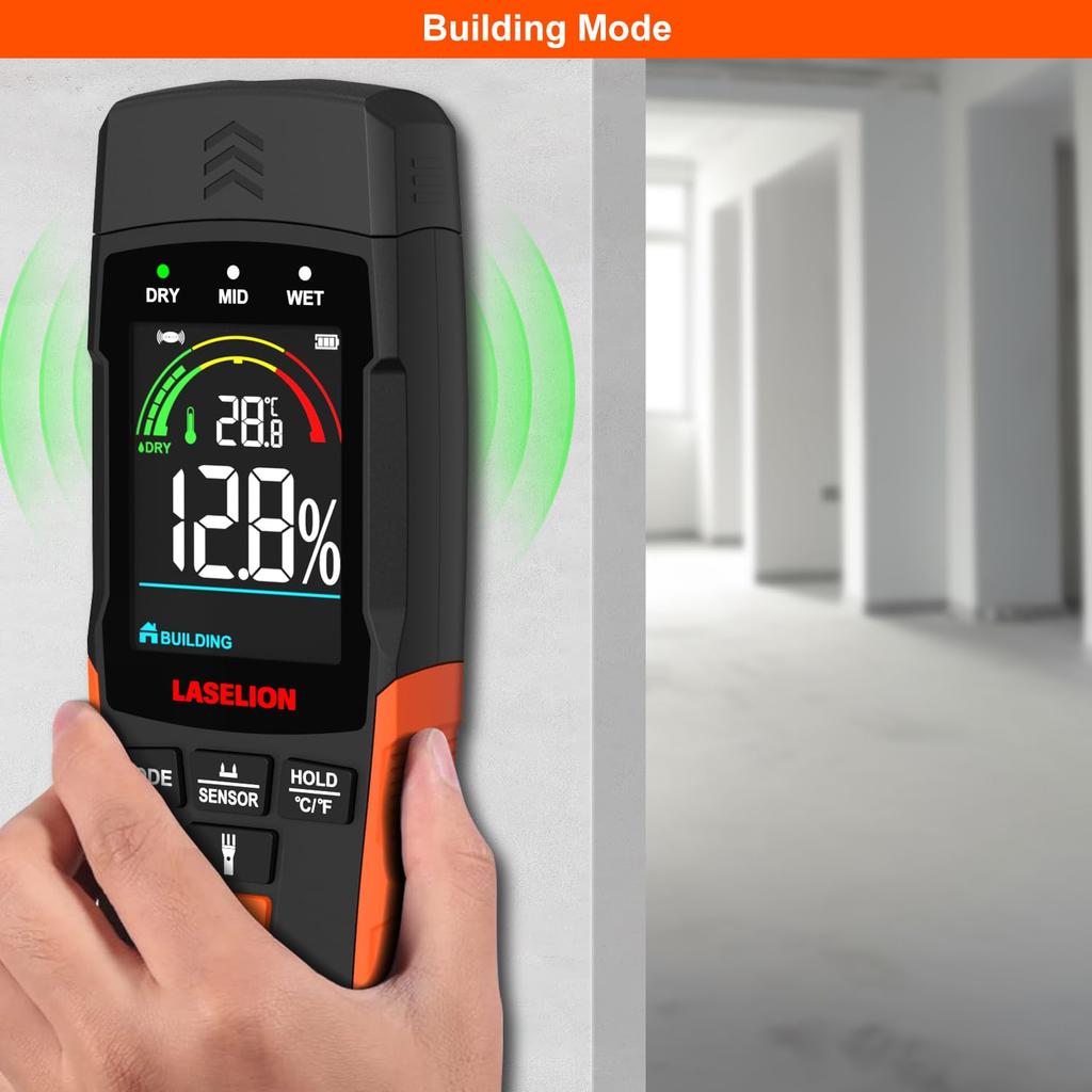 LASELION 2-in-1 Pin & Pinless Moisture Meter MS03 – Accurate Moisture Detection for Wood, Concrete, Drywall, Etc. – LCD Display with Hold Function, Fl