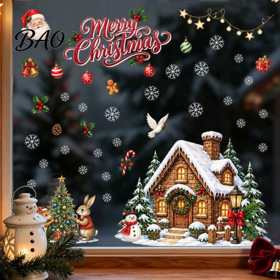 Seasonal Glass Surface Stickers Christmas Window Clings, Snowy Village House Xmas Tree Squirrel Rabbit Outdoor Balcony Sticker, Double-Sided