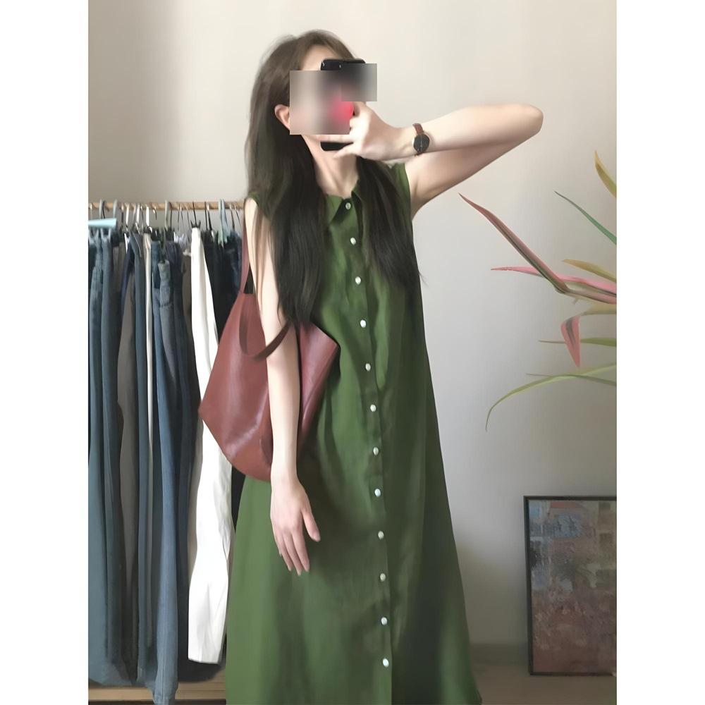 

Зеленое платье-рубашка поло без рукавов для детей, простое и щедрое, из хлопка и льна, ленивое, свободного кроя, летнее XL- (recommended 110-60kg)