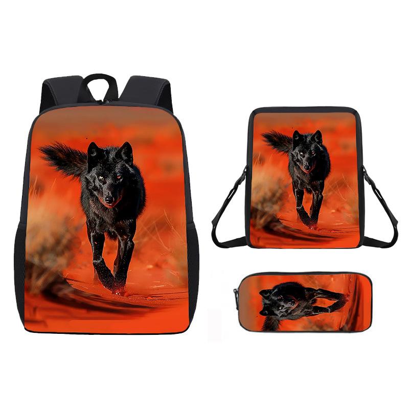 Zaino Stampato con Animale Lupo da 17 Pollici Zaino per Studenti Maschi e Femmine Zaino Scolastico per Bambini Set da Tre Pezzi