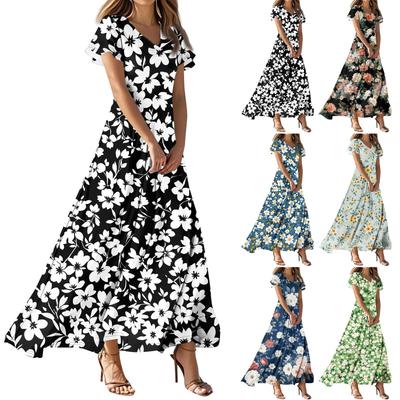 Women's Casual Fashion Print Long Dresses V-Neck Short Sleeve Dresses