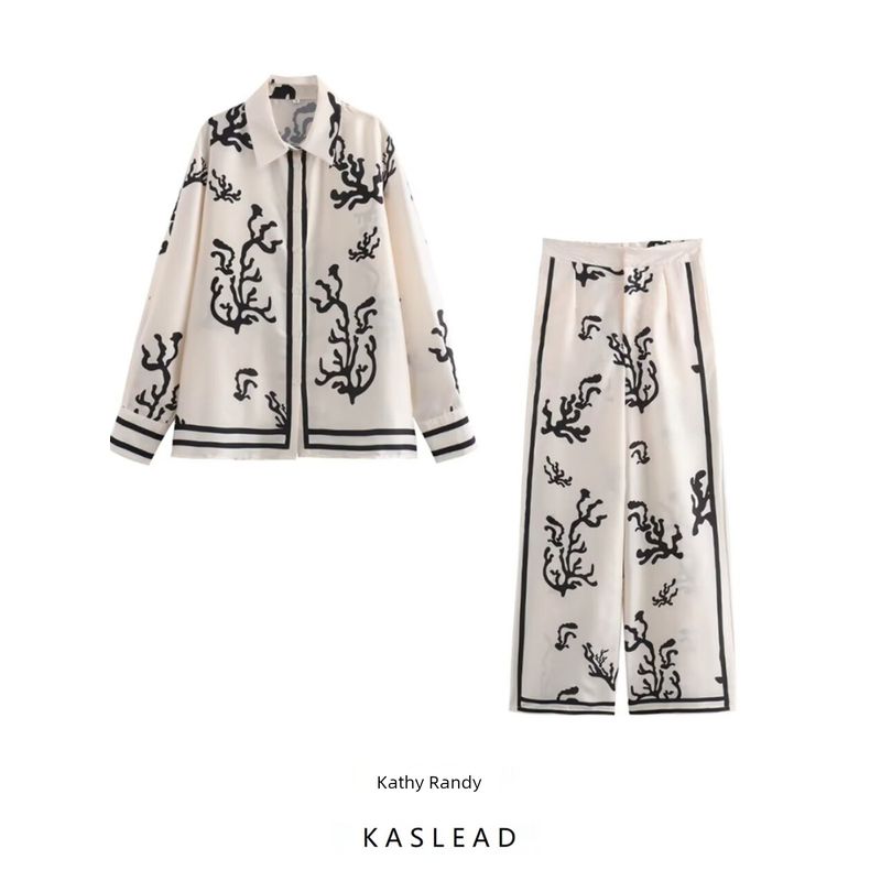 Kaslead New Arrival Women's Clothing Fashion Style Fashion Positioning Satin Print Shirt Casual Pants Suit