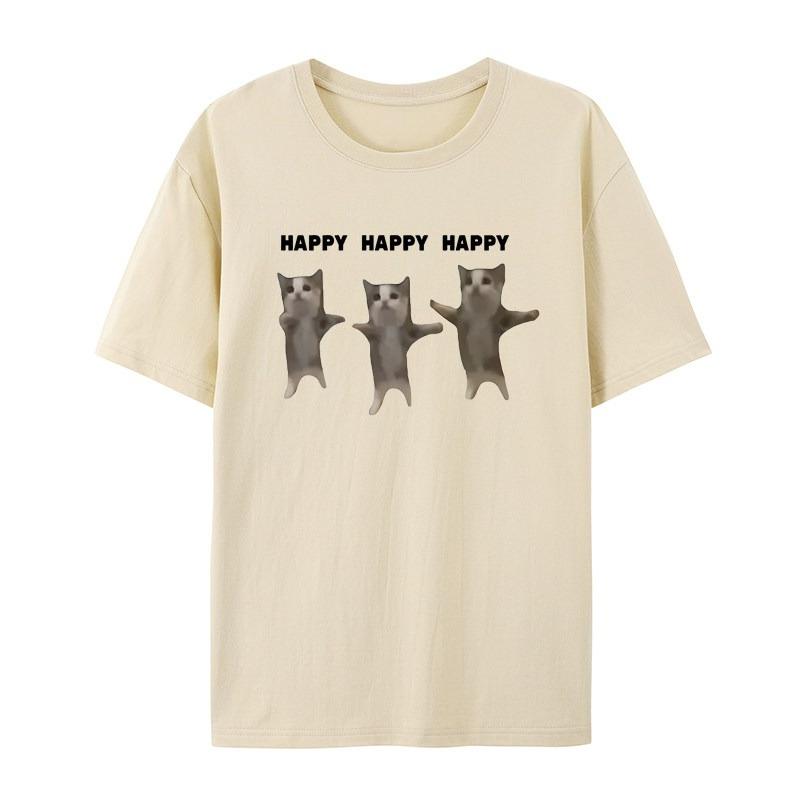 Cartoon Creative Happy Cat Casual TShirt Mens and Womens Luxury Brand Top