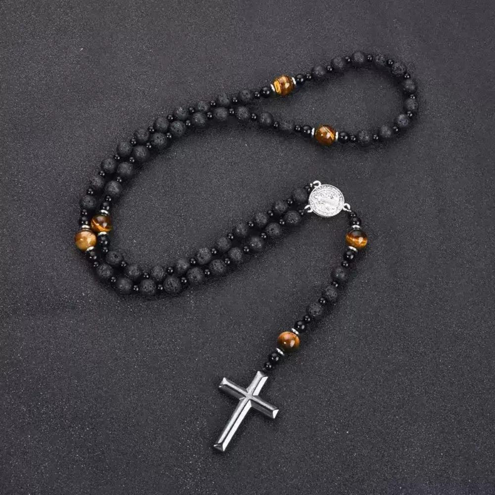 Charm Beaded Long Necklace Cross Pendant Rosary Neck Jewelry Tiger-eye Beads Necklace  Decoration