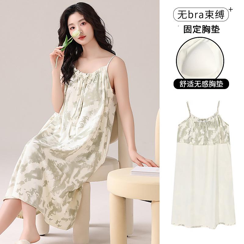 Women's camisole nightdress, summer pure cotton sexy mid-length loungewear, plus-size pad pajamas, pure and sweet style