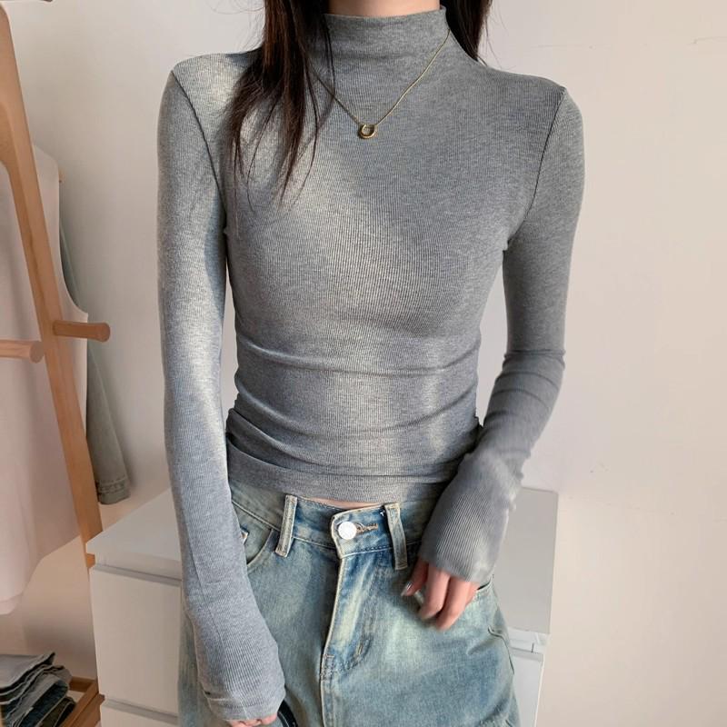 

Women s Petite Retro Half-High Collar Long Sleeve Slim Fit Top for Spring and Autumn M (45-51 kg) темно-серого