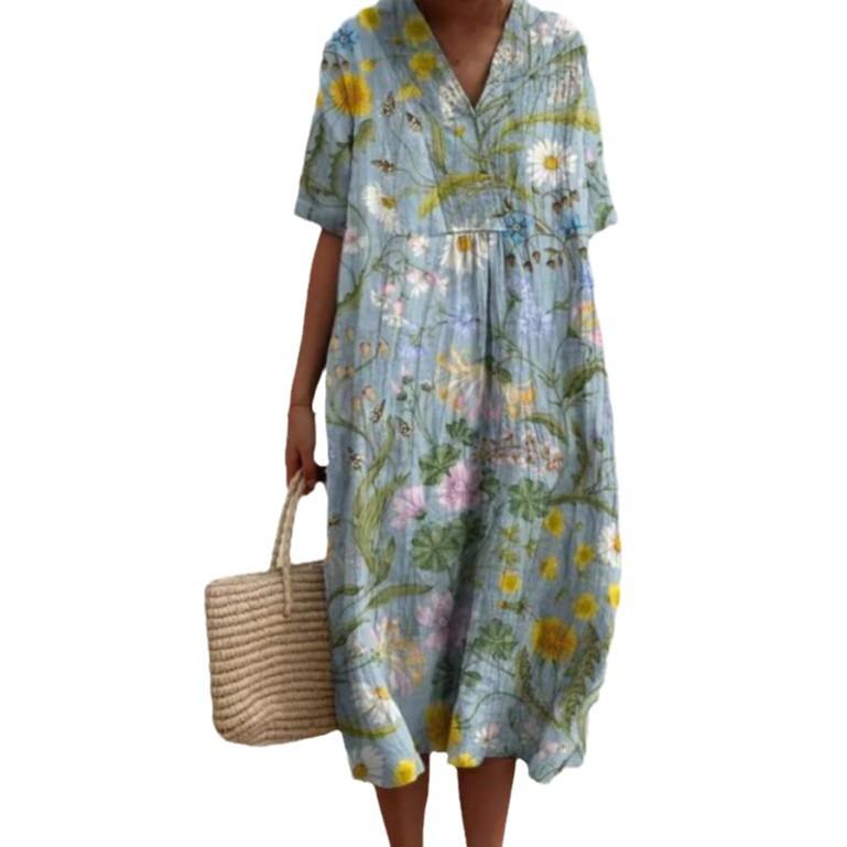 Damen Blumenmuster V-Ausschnitt Maxikleid Boho Kurze Ärmel Locker Strand Sommerkleid