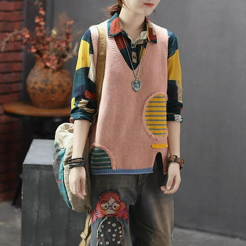 

Autumn and Winter Loose Waistcoat Sleeveless Waistcoat Literary Color Matching Collar Sweater Vest Vest Women s Sweater s рожевий