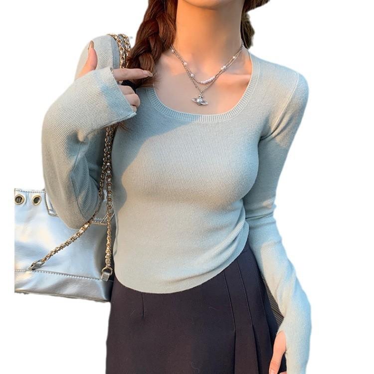 Low-neck Bottoming Shirt Women's 1116 New Spring and Autumn Gray Sweater Slim-fitting Square-neck Knitted Sweater High-end Inner Top