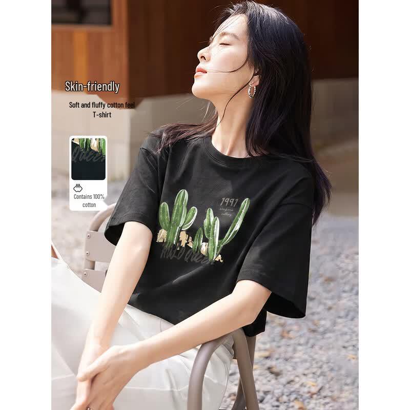 Women s Floral Print Contrast Round Neck Summer T-Shirt M чёрный