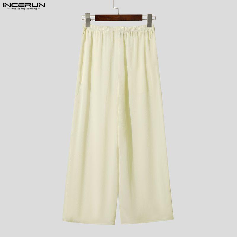 INCERUN Men's Sheer Overlay Split Trousers Casual Wide Leg Drawstring Beach Holiday Pants