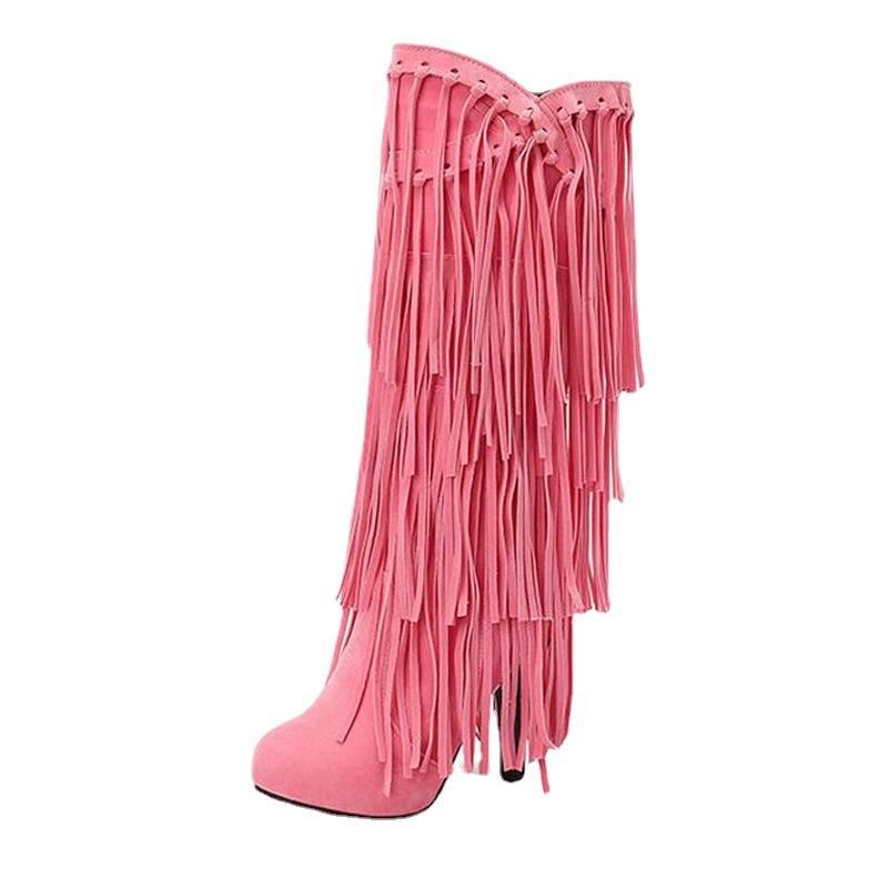 High-Heeled V Mouth Fringed Women's Boots Round Toe 10cm Square Heel High Tube Boots Fashion Sexy Flock Women Shoes Size 34-39