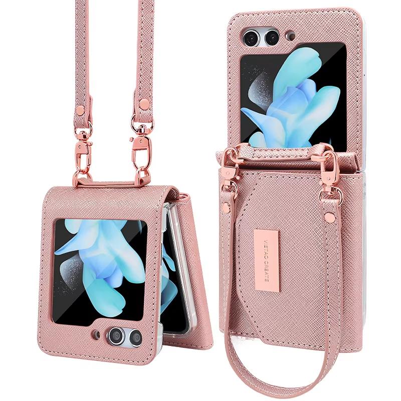 VIETAO Luxury Girl's Fashion PU Leather Wallet Phone Case with Lanyard & Wrist Strap Shockproof Hand Holder for Z Flip