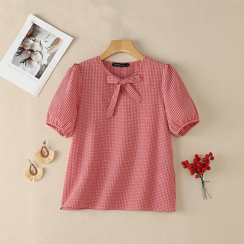 

ZANZEA Women Grid Print Casual Round Neck Short Sleeve Blouse 5XL