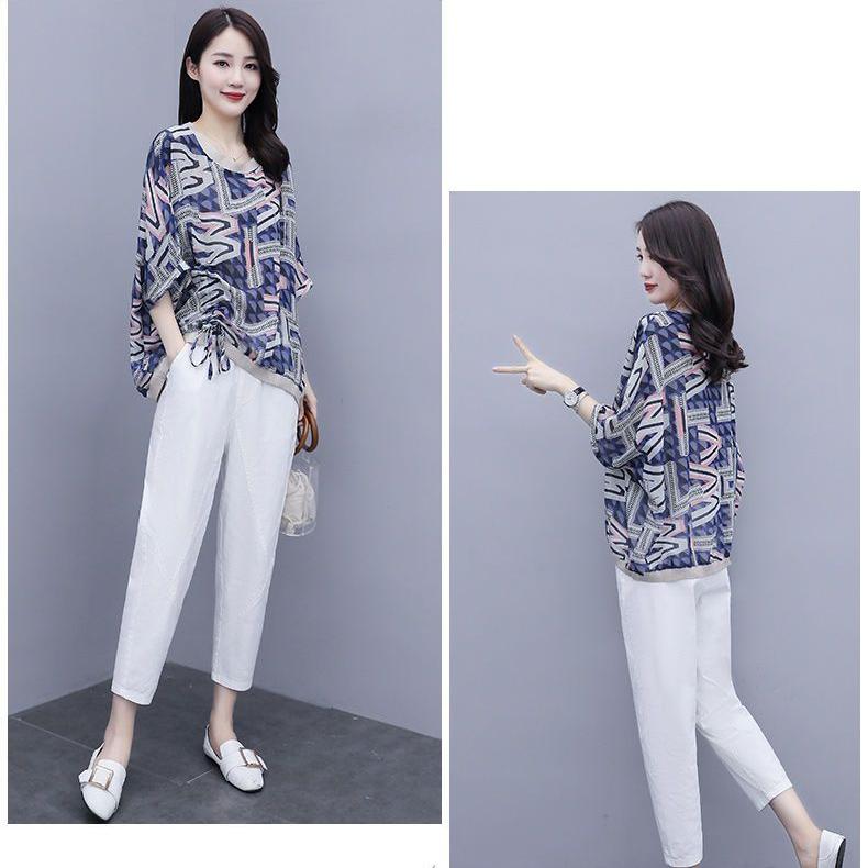 Módní a pohodlný neformální outfit s květinovým potiskem, dámská dvoudílná sada větší velikosti