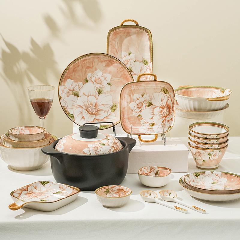 Nordic Creative Camellia Dishes Plates Tableware Household High Value Plates Rice Bowls Soup Bowls Baking Pan Combination