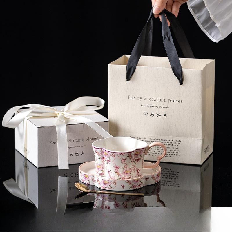 Girlish Pink Tender Coffee Cup and Plate Set Ceramic Water Cup Ins Afternoon Tea High Appearance Level Cute and Light Luxury Cup and Plate