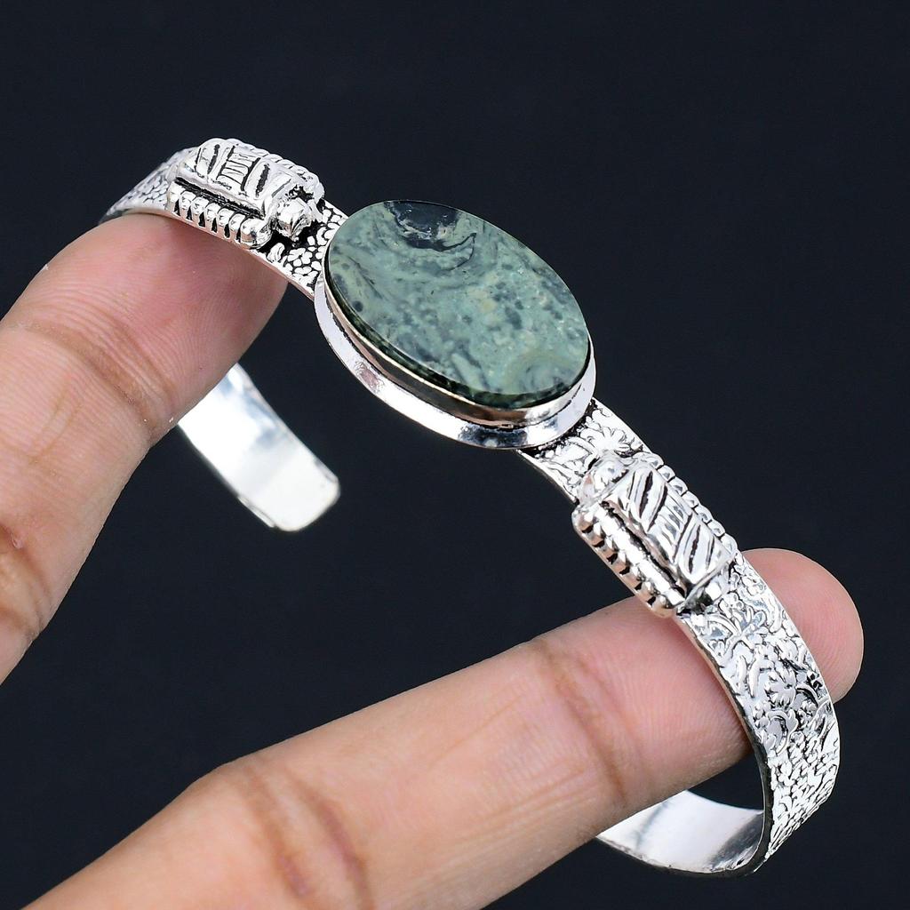 Oval Kambaba Jasper Gemstone Anniversary Trendy Sister Wedding Bangle 925 Silver