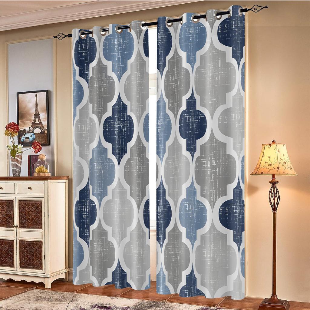 Elegant Blue Geometric Curtain Drapes Modern Lattice Pattern Window Room Divider for Living Room Bedroom Home Decor