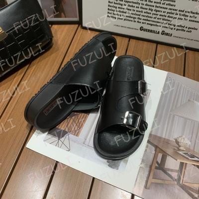 Sommer Ein-Wort-Slipper Damenbekleidung neue Gürtelschnalle modische lässige Sandalen dicksohlige bequeme flachsohlige Slipper
