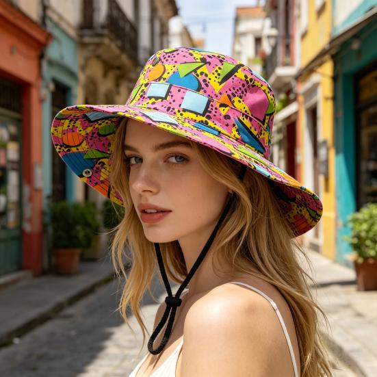 Klobouk Bucket Hat Široký okraj Barevný geometrický vzor Rybářský klobouk Bezpečnostní větruodolná šňůrka Přenosný skládací klobouk na ochranu před sluncem