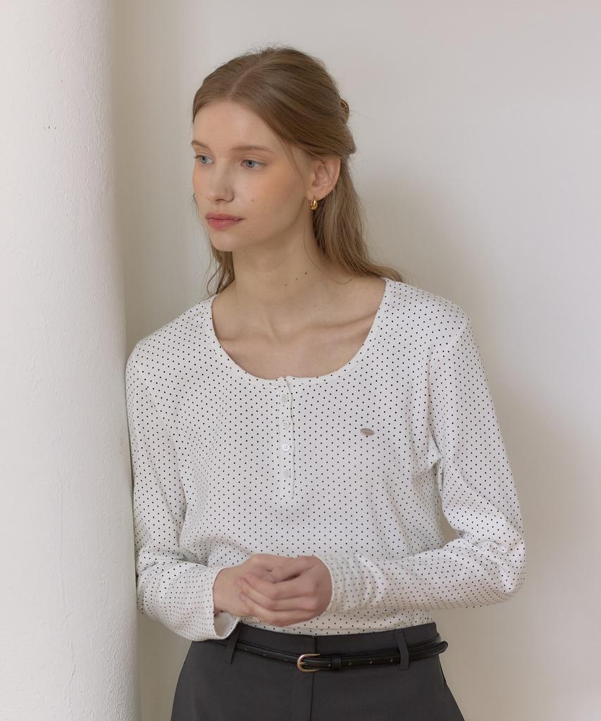 OURHOPE Dot Henley Neck Sleeve T-Shirt - White