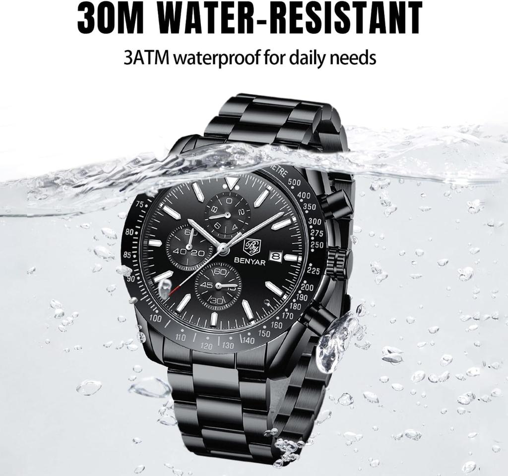 Benyar Men's Chronograph Watch 30M Water Resistant Formal Leather Band Silver Black Quartz Stylish Gift
