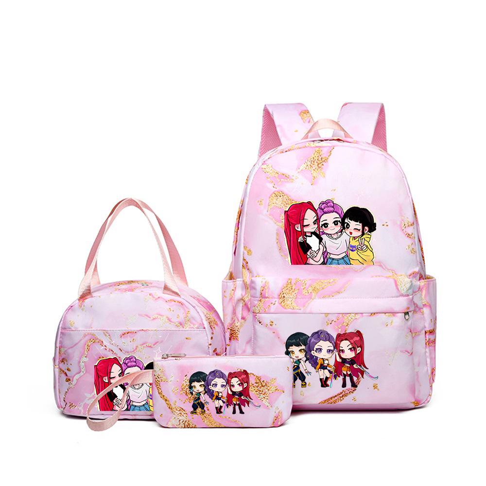 KPOP Dämonenjägerin Girlgroup Rucksack, Brotdose & Federmäppchen Set - Anime Schultasche & Bento Box Kombi