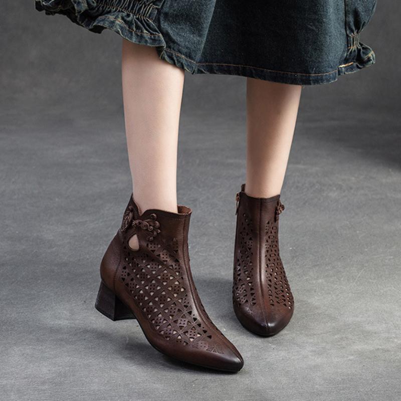 Johnature Pointed Toe Pumps Breathable Hollow Boot Genuine Leather Retro Mid Heel Women's Shoes