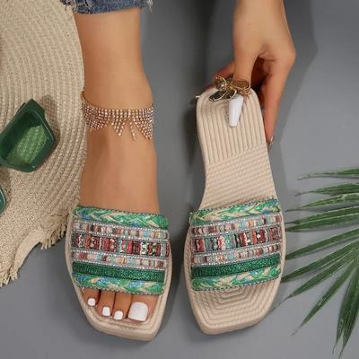 Women's Large Soft Bottom Daily Mixed Colors Ethnic Open Toe Slippers Women's 2024 Flat Bottom Summer Casual Women's Slippers