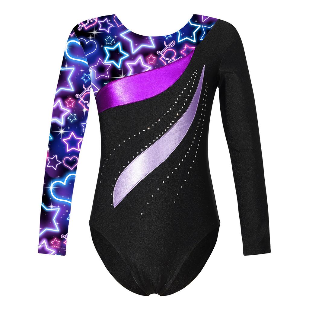 Girls Shiny Rhinestone Leotard Long Sleeve Round Neck Bronzing Fabric Pattern Print Performance Bodysuit