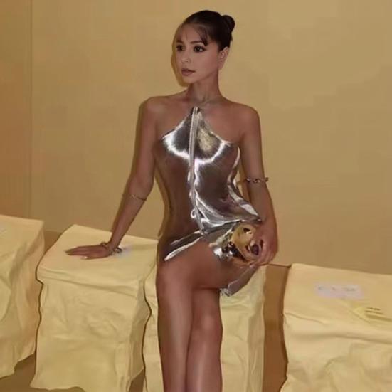 Women Party Dress Glossy Tassel Halter Neck Backless Sleeveless Split Hem Solid Color Slim Fit Off Shoulder Club Party Banquet Mini Dress