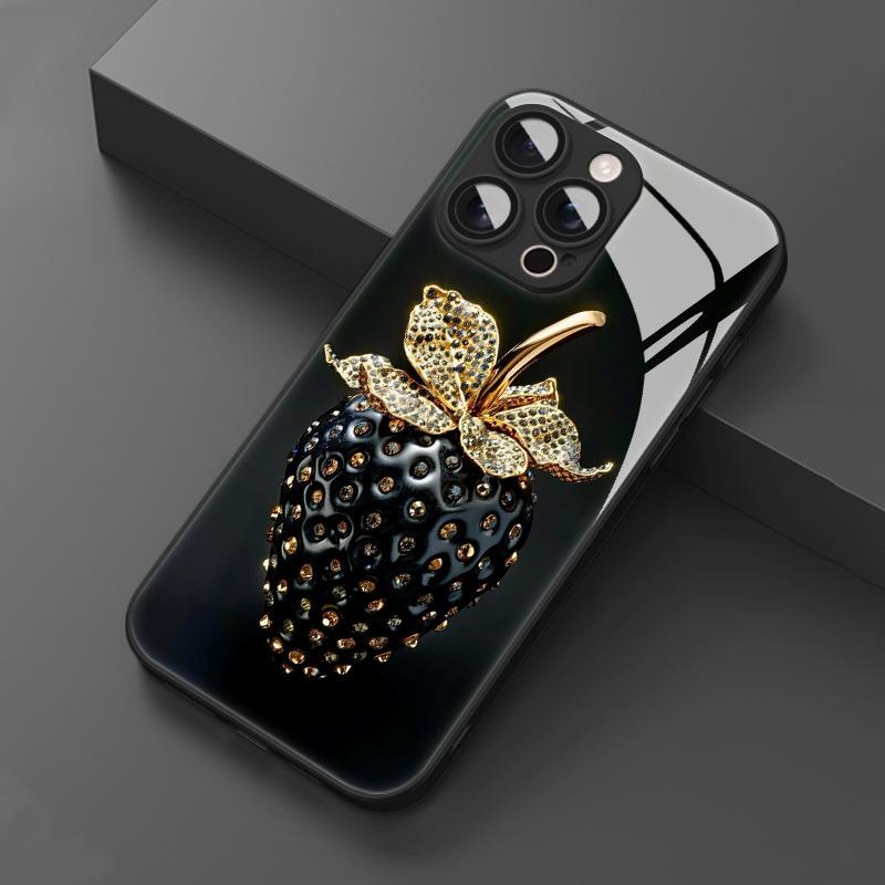 Schwarze Erdbeer-Muster Gehärtetes Glas Material Handyhülle Für iPhone 17 16 15 14 13 12 11 Pro Max Plus 16E 17Air XR XS X Hülle
