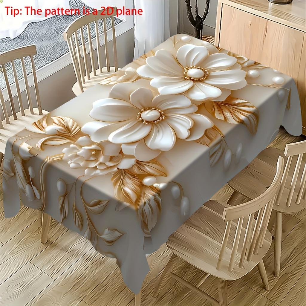 1Pc 3D Floral Tablecloth White Gold Flower Print Table Cover For Dining Room Kitchen Decor Rectangular Table
