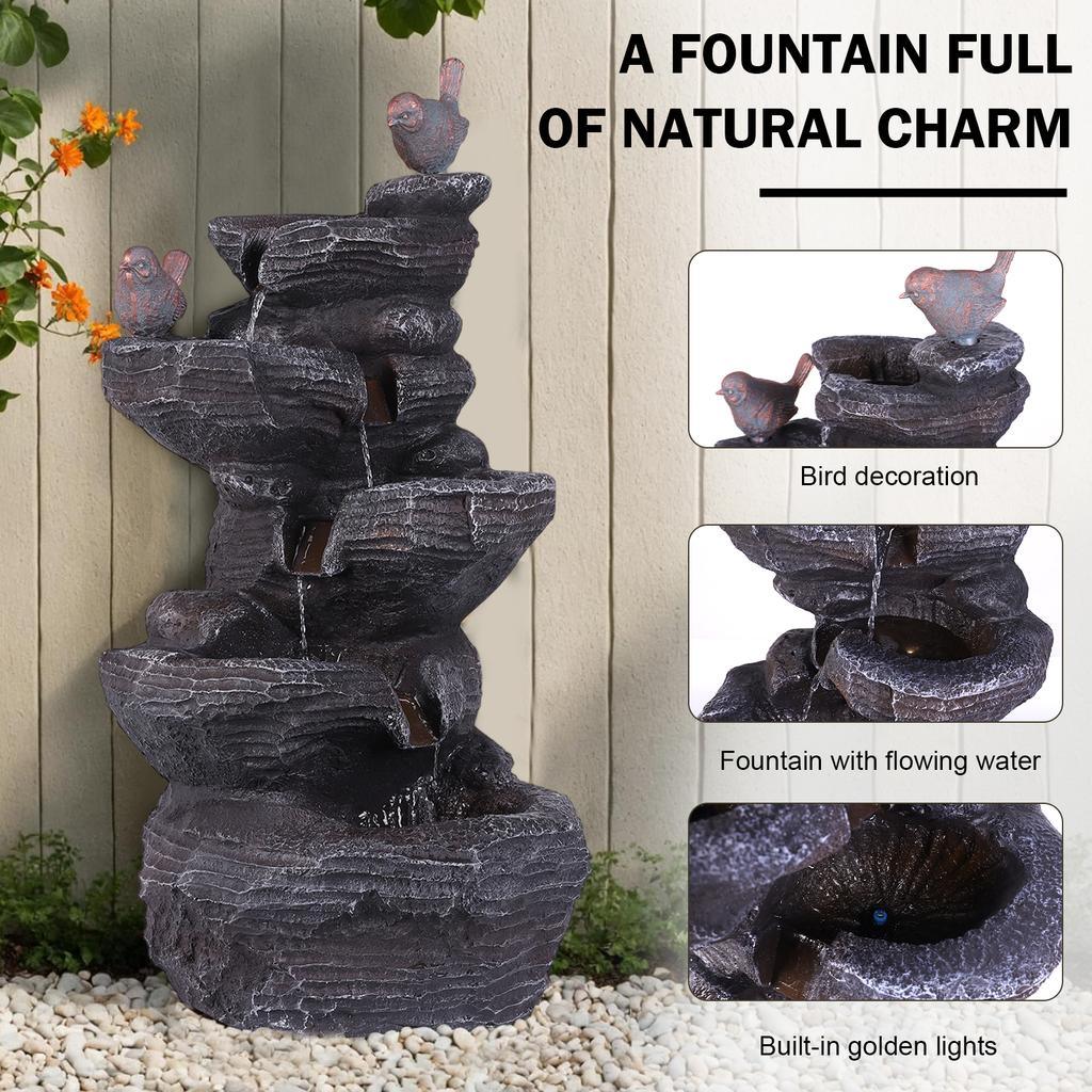 Cascading Rock Water Fountain with LED Lights Resin Stone Imitation Waterfall Tabletop Fountain for Home and Office Decor
