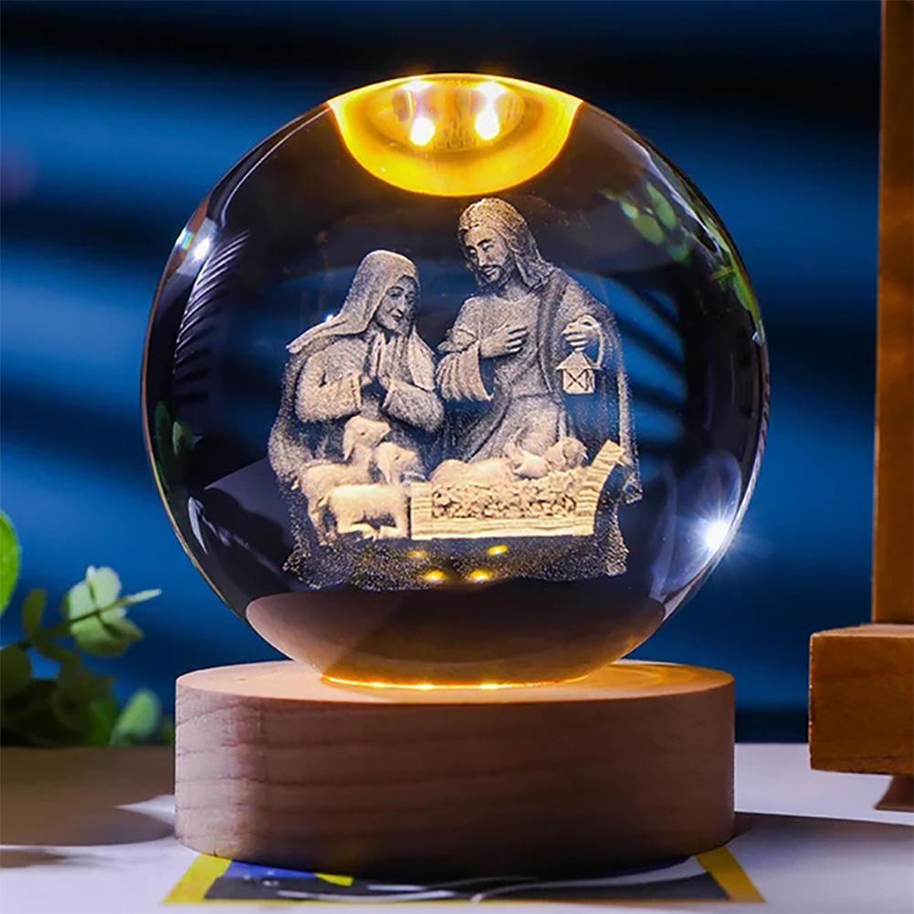 3D Creative Engrave Crystal Ball with Wooden Base USB Charging LED Crystal Ball Night Light Lighted Crystal Ball Art Decoration