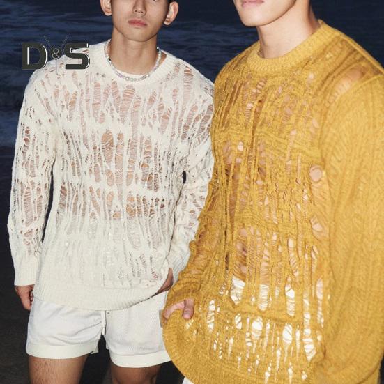 Pánské topy s kulatým výstřihem, s dlouhým rukávem, pletené tričko, pánské oblečení, retro, duté, síťované pletené topy, jarní streetové oblečení