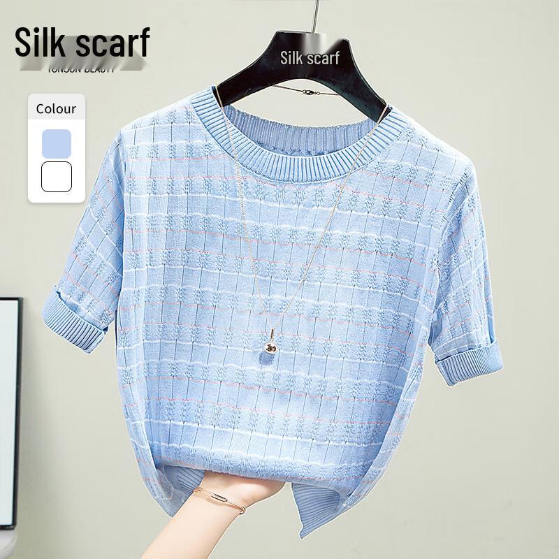 Women s Ribbed Knit Short Sleeve Pullover with Contrast Trim L