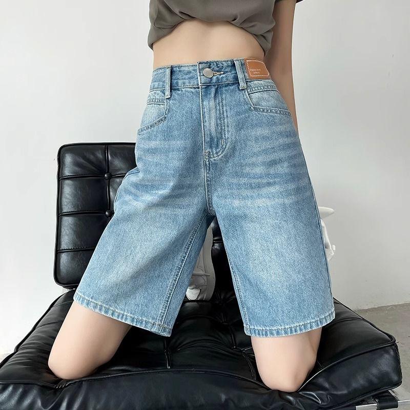 Five Point Denim Shorts for Children In Summer High Waist Loose Fit Slimming Straight Leg Pants Plus Size Wide Leg Mid Length Pants