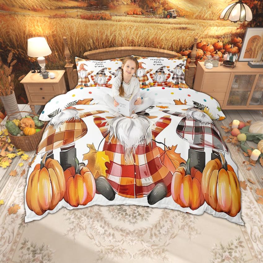 Homewish Autumn Gnome Duvet Cover Set For Kids Thanksgiving Day Gifts Bedding Set Watercolor Pumpkin Bed Set Room Decor