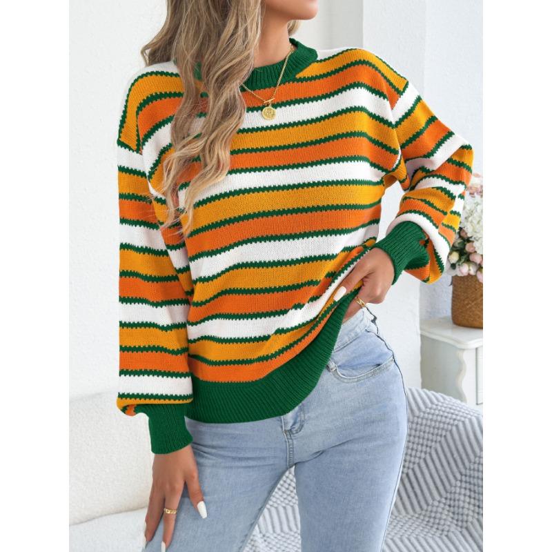 Maglione da Donna Casual a Blocchi di Colore con Strisce, Maniche a Lanterna, Girocollo, Vestibilità Larga