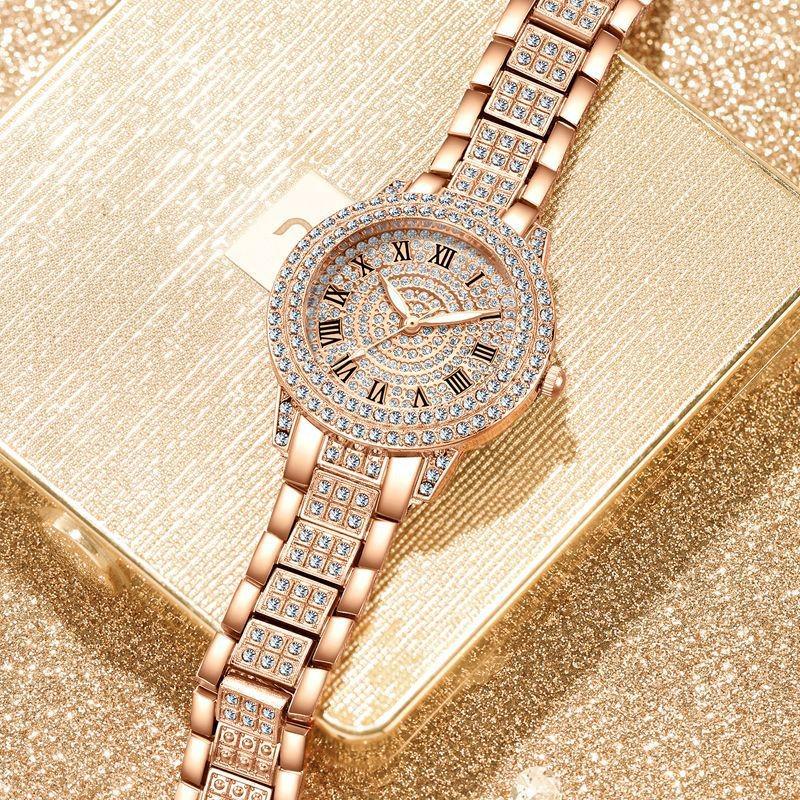 Luxury Diamond-Studded Roman Pattern Ladies Watch and Bracelet Set