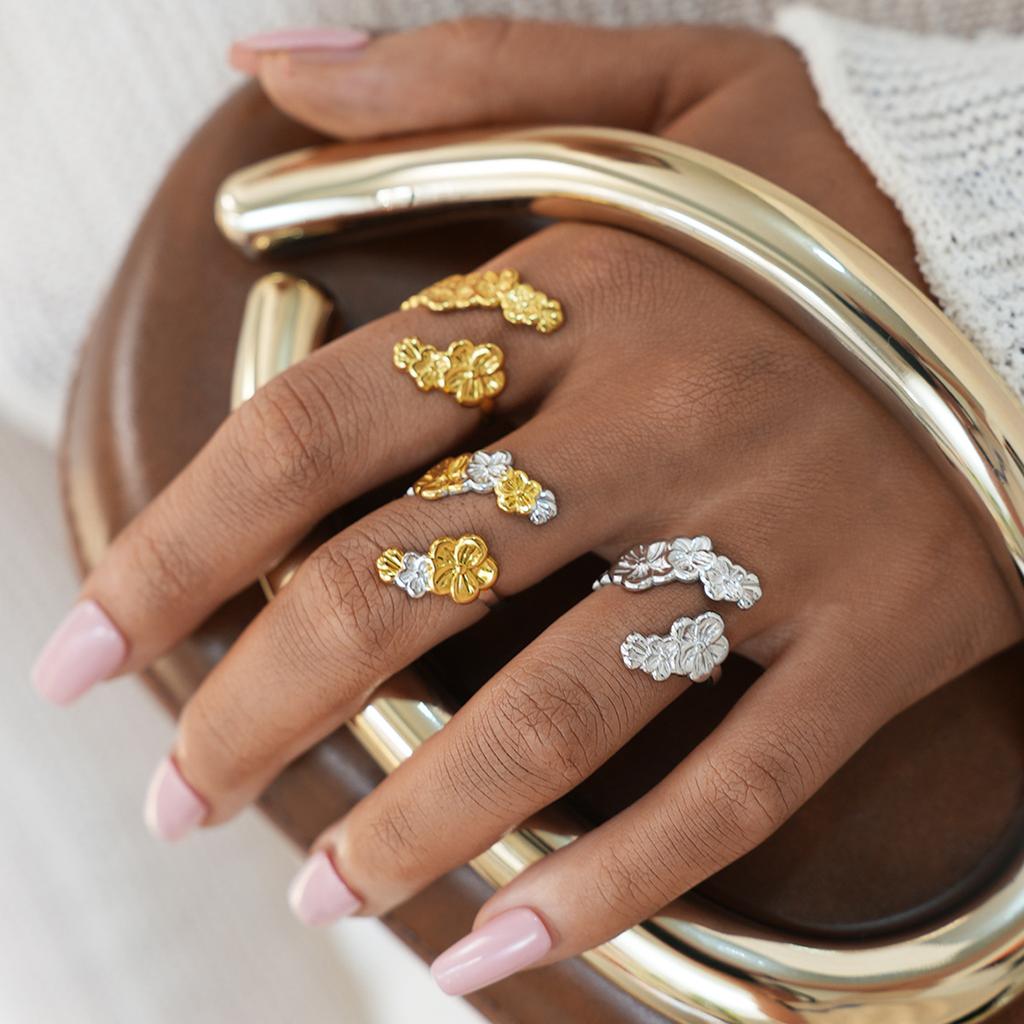 Stainless Steel Flower Rings for Women Men Vintage Five Petal Flower Opening Ring Summer Vacation Waterproof Jewelry Accessories