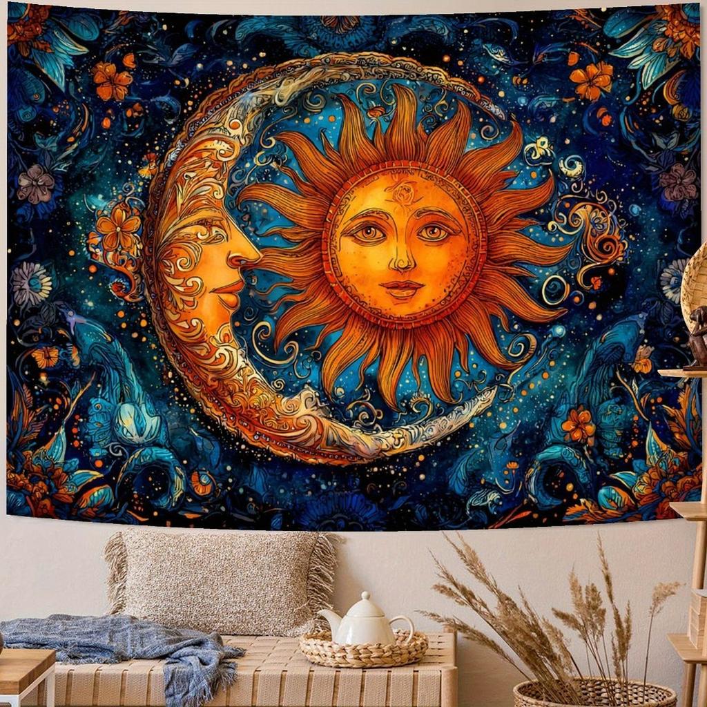 1pc Starry Sun and Moon Tapestry, Polyester Fabric, Machine Washable, Suitable for Bedroom and Living Room Decoration