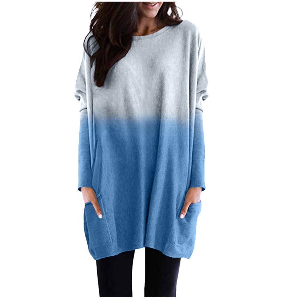 Long Tunic Pullover Sweatshirt Blouse Tops For Women Long Sleeve Casual Baggy Pullover Jumper Pocket Tunic Gradient Wear T-Shirt Tops