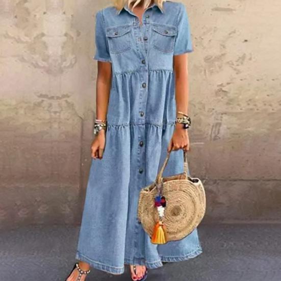 Frühling Sommer Jeanskleid Einfarbige Einreiher Langes A-Linien-Kleid für das Büro