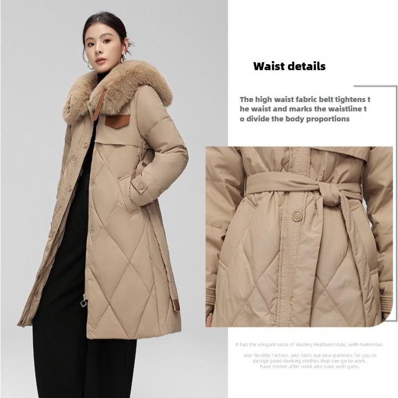 Winter Down Jacket for Women Long Style Large Fur Collar Slim Waist White Duck Down Jacket